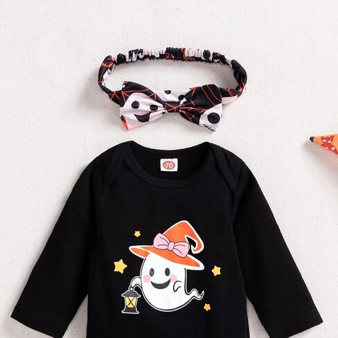 Infant Baby Girl Halloween Outfits Long Sleeve Rompers and Printed Pants with Headband 3pcs Set in Saudi Arabia