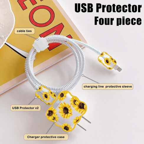 Cute DIY Cable Protector for iPhone 18W/20W Charger with Flora Sunflowers Waves Design,Data Line Cable USB Wire Saver Charger Protector Compatible with iPhone 7 8 11 12 13 14 Pro Max Plus XR in Saudi Arabia