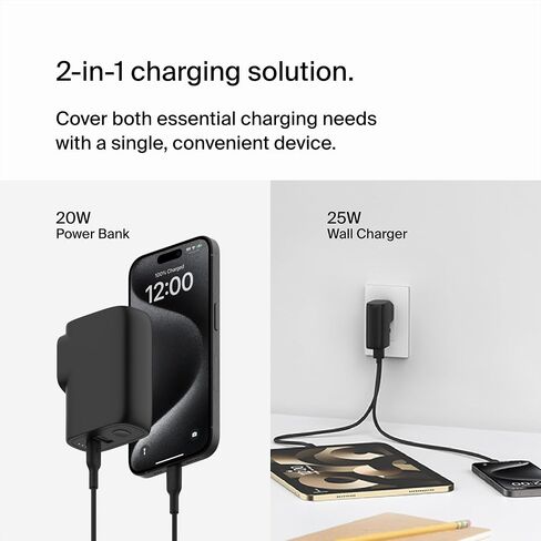Belkin BoostCharge Hybrid Wall Charger 25W + Power Bank 5K, 2-in-1 Portable Charger, Portable Battery Charger w/USB-C Port & USB-A Port - Travel-Friendly, Dual-Port Charging Device - Black in Saudi Arabia