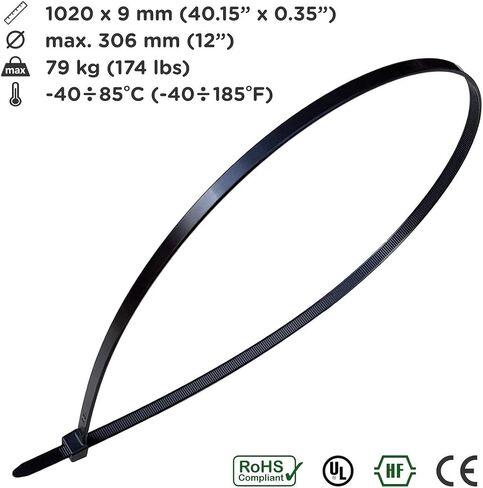 Heavy Duty 40 Inch Cable Zip Ties, Strong Extra Large Zip Tie Set, Indoor and Outdoor, Reliable Long Cord Tie Wraps, 0.36 Inch Wide, Industrial Wire Straps, UV Resistant, Black, 10 pieces in Saudi Arabia