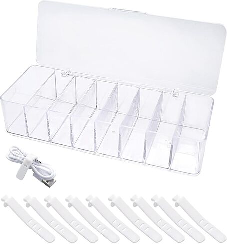 Data Cable Storage Box with 10 Pcs Wire Ties, 8-Grid Clear Dust-Proof Data Cable Organizer with Lid, Home Office Desk Electronics Management Box in Kuwait