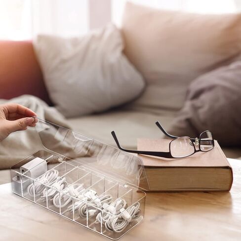 Data Cable Storage Box with 10 Pcs Wire Ties, 8-Grid Clear Dust-Proof Data Cable Organizer with Lid, Home Office Desk Electronics Management Box in Kuwait