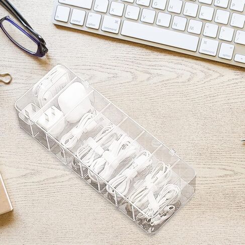 Data Cable Storage Box with 10 Pcs Wire Ties, 8-Grid Clear Dust-Proof Data Cable Organizer with Lid, Home Office Desk Electronics Management Box in Kuwait