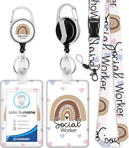 Plifal ID Badge Holder with Lanyard and Retractable Social Worker Badge Reel Belt Clip, Boho Rainbow Leopard Keychain Lanyards Clip On Badge Extender Vertical ID Sleeve for Women Men in Saudi Arabia