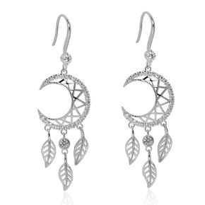 Sterling Silver Moon Earrings Boho Feather Dangle and Drop Earrings Crescent Moon Dreamcatcher Long Earrings for Women, Silver