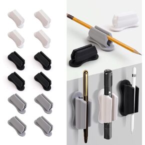 12 Packs Pen Holder, Adhesive Pencil Pen Holder for Desk or Wall, Marker Holder, Pen Holder for Clipboard, Teacher Supplies for Classroom and kids Desk Organizer Accessories (black white grey)