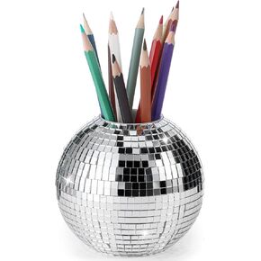 4 Inch Disco Ball Pencil Pen Holder for Desk Sequin Plastic Makeup Brush Holder Organizer Desk Accessories Multifunctional Pencil Cup Disco Flower Vase for Home Office Classroom Decoration