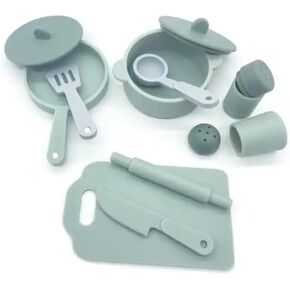 Kids Kitchen Silicone Pretend Toys- 9pcs Play Kitchen Accessories Set with Cookware -Food Grade Silicone -Kids Toy Kitchen Accessories – Pretend Play Kitchen Toy Set for Cooking-Green