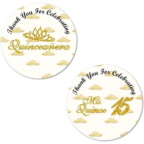 40 Quinceanera Stickers, 2 Inch Big Round Glossy Labels, Thank You for Celebrating Mis Quince 15 Birthday Theme, Great for Party Favors, Tags, Games and Supplies. Made in USA (Gold)