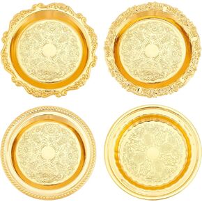 FINGERINSPIRE 4PCS 4 Style Iron Plate Candle Holder (Golden, 4 inch) Flat Round Candlestick Base Retro Embossed Metal Candle Stand for LED & Wax Candles Incense Cones Spa Wedding Party Banquet