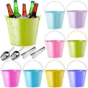Zopeal 8 Pcs Galvanized Bucket 6.8 x 7.1 x 9.3 Inch Metal Ice Beer Buckets with Handle Stainless Steel Shovels and Tongs Metal Pails for Wedding Summer Party Crafts Table Centerpieces(Gold White)