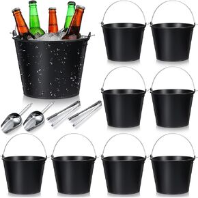 Zopeal 8 Pcs Galvanized Bucket 6.8 x 7.1 x 9.3 Inch Metal Ice Beer Buckets with Handle Stainless Steel Shovels and Tongs Metal Pails for Wedding Summer Party Crafts Table Centerpieces(Gold White) in Kuwait