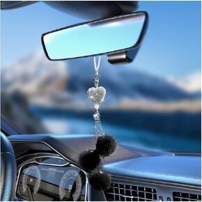 Bling Car Hanging Ornament, Cute Love Heart and Plush Ball Pendant for Auto Rear View Mirror, Lucky Diamond Rearview Mirror Charm for Women Girls, Car Accessories (Light Purple, Heart)