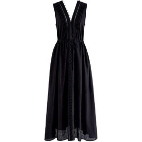 CHICWISH Women V Neck Sleeveless Midi Long Dress Casual Button Beach Summer Vacation Linen Midi Dress with Side Pockets