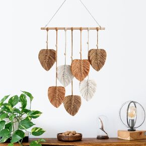 Urbun Macrame Leaves Wall Hanging - Chic Feather Boho Macrame Wall Decor Handmade Yarn Tassels Woven Wall Art Leaf Tapestry Bohemian Decoration for Nursery Bedroom Living Room,15.7 x35.4Inch