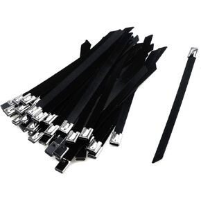 Quluxe 1/5"×8" Stainless Steel Exhaust Wrap Multi-Purpose Locking Cable Metal Zip Ties- Black (Pack of 50)
