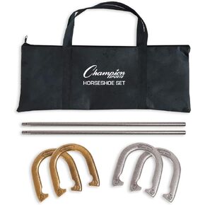 Champion Sports Horseshoe Set: Traditional Outdoor Lawn Game includes Four Professional Solid Steel Horseshoes with Solid Steel Stakes & Carrying Storage Case