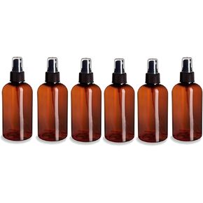 6 Pack – 8 oz - Amber Boston Plastic Spray Bottles - Fine Mist Sprayer & Dust Cap for Essential Oils, Perfumes, Cleaning Products
