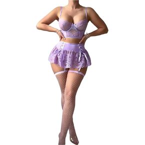 WDIRARA Women's 5 Piece Set Lace Mesh Sheer Knot Detail Lingerie Set with Panty Skirts and Stockings