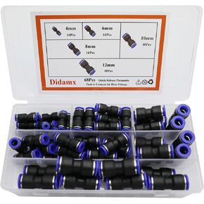 68Pcs Quick Connect Air Hose Fittings 4/6/8/10/12mm Push-to-Connect Fittings Pneumatic Connectors Air Line Fittings Kit for 5/32" 1/4" 5/16" 3/8" 1/2" OD Tube