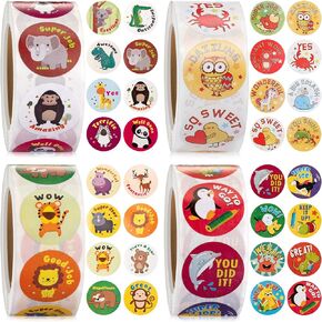 2000 Pieces 1 Inch Teacher Reward Motivational Stickers Animal Cartoon Motivational Stickers Fun Motivational Stickers for Children, 4 Rolls 32 Styles Labels (Animal Style)
