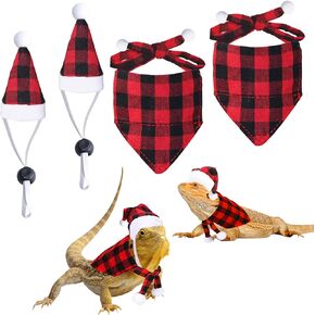 4 Pieces Christmas Bearded Dragon Costumes, Lizard Christmas Hats Bandanas Small Pet Christmas Costume for Bearded Dragon Lizard Chicks Parrot Hamster Guinea Pig Small Pet (Red, Plaid)