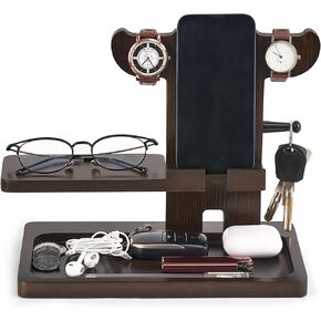 Dahey Wood Phone Docking Station Nightstand Organizer Birthday Gifts for Father Men Desk Organizer Cell Phone Key Holder Wallet Stand Watch Mens Gift for Dad Husband