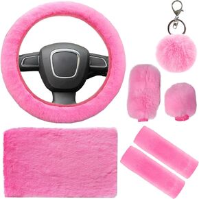 7 Pieces Fluffy Car Accessories Set, Cute Fluffy Steering Wheel Cover Set Faux Wool Seatbelt Shoulder Pads Auto Center Console Armrest Pads Fuzz Handbrake Cover Gear Shift Cover Furry Keychain(Purple)