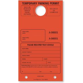 SmartSign “Temporary Parking Permit" Mirror Hang Tag | Pack of 50 | Fluorescent Orange | 7.75" x 4.25" Cardstock with Perforation Stub