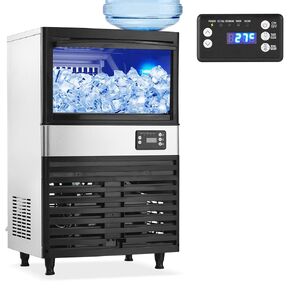 Commercial Ice Maker Machine, 2 Water Inlet Modes, 130 lbs/24 Hours, 26lbs Storage Bin, Stainless Steel, Blue Light, Freestanding, Great for Home or Business, Includes Ice Scoop, Connecting Hose