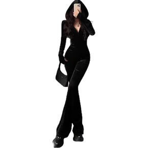 Women's Velvet Jumpsuits with Hood One Piece Sexy Slim Fit Jumpsuit Long Sleeve Zip Flare Casual Rompers with Pockets in Kuwait