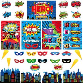 Outus 33 Pcs Hero Theme Classroom Decorations Bulletin Board Set Hero Posters and Banners Hero Sayings Cityscape Cutouts for Classroom Pre School Elementary and Middle School Home Wall Decor