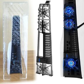 Acrylic Transparent Case Cover + Cooling Fan for PS5 Slim, 3-Speed Quiet Fan,RGB Light, Dust Proof Cover Compatible with Playstation 5 Slim Standard and Digital.(Clear Vertical Type)