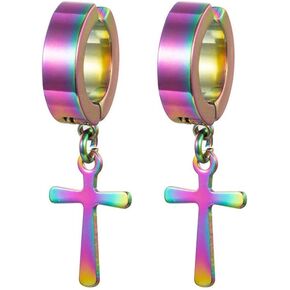 Gold Silver Cross Clip On Earrings Drop Dangle Set for Women Men Girls Cross Titanium Steel Hoop Dangle