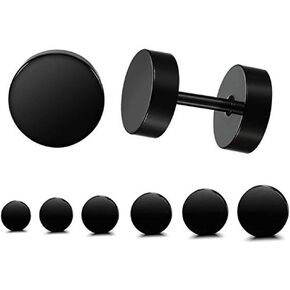 Black Screw Stud Earrings Men Women Faux Gauges Ear Tunnel Stainless Steel Earrings 6 Pairs 5mm-10mm
