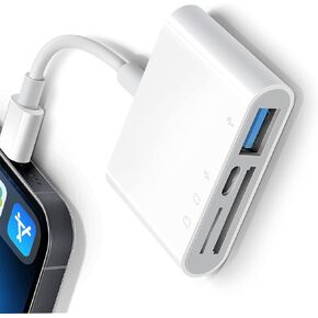 SD Card Reader for iPhone15/iPad/Mac,4 in 1 Micro SD/SD Card Reader with USB 3.0 Port & Charging Port,USB Type-C Micro SD Memory Card Reader OTG Adapter Compatible for iPhone 15,MacBook Pro/Air,Galaxy