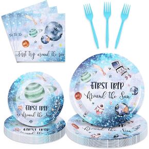 Whaline 100Pcs First Trip Around The Sun Tableware Set, Outer Space Themed Dinnerware Set, Suitable for Birthday, Baby Shower, Party, Disposable Table Decor