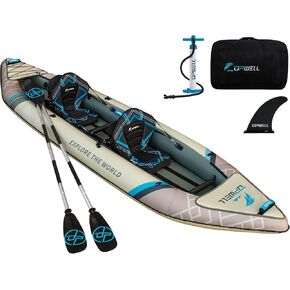 UPWELL 13'6"/11' Inflatable Recreational Kayak - 2 Person with Drop Stitch Floor and Accessories Including Kayak Seats with High Back Support, Paddle, Fin, Repair Kits, Carry Bag and Hand Pump in Kuwait