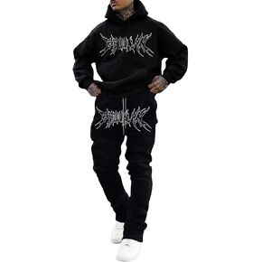 WDIRARA Men's 2 Piece Outfits Letter Graphic Print Long Sleeve Pocket Sweatshirt and Sweatpants Tracksuit Set