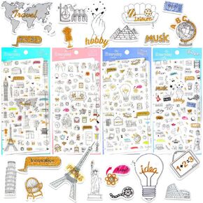 Scrapbook Stickers Set with Travel Holiday Hobby and Leisure Theme for Planner Journaling Decorations,Gold Foil Accents Scrapbook Embellishments with Transparent Background,Great for Albums,Projects,Notebooks or Crafts,4 Pack.
