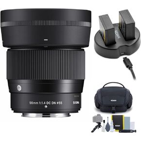 Sigma 56mm F1.4 Contemporary DC DN Lens for Fuji X Mount Bundle with Battery and Gadget Bag (3 Items)