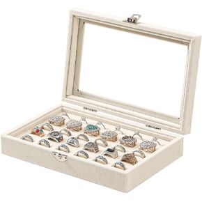 Ring Display Case,Jewelry Ring Organizer Box For Rings,Ring And Earring Holder Box For Girl,Beige Velvet 30 Slot Ring Display Tray