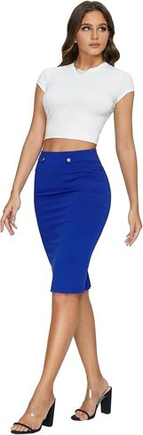 Women's Basic Pencil Skirts Stretchy Bodycon Midi Pencil Skirt Office Work Skirts Knee Length with Back Slit in Saudi Arabia