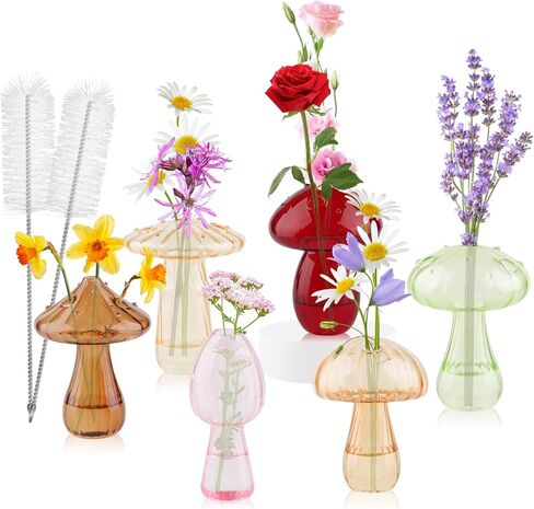 EBANKU Glass Mushroom Vase for Flowers, 6 Pcs Cute Colored Plant Propagation Station, Planters Clear Hydroponic Vase, Flowers Plants for Decorative Centerpiece,Table Decor, Home in Saudi Arabia