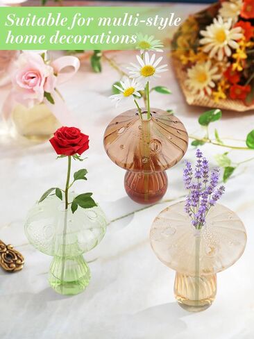EBANKU Glass Mushroom Vase for Flowers, 6 Pcs Cute Colored Plant Propagation Station, Planters Clear Hydroponic Vase, Flowers Plants for Decorative Centerpiece,Table Decor, Home in Saudi Arabia