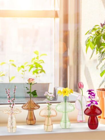 EBANKU Glass Mushroom Vase for Flowers, 6 Pcs Cute Colored Plant Propagation Station, Planters Clear Hydroponic Vase, Flowers Plants for Decorative Centerpiece,Table Decor, Home in Saudi Arabia