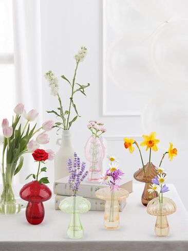 EBANKU Glass Mushroom Vase for Flowers, 6 Pcs Cute Colored Plant Propagation Station, Planters Clear Hydroponic Vase, Flowers Plants for Decorative Centerpiece,Table Decor, Home in Saudi Arabia