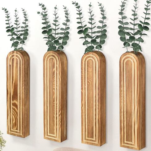 4Pack Wall Decor Wood Wall Planters for Indoor Plants, Wood Wall Decor for Bathroom, Living Room, Bedroom, Modern Farmhouse Wall Decor Wood Vase for Decor Dried Flowers and Faux Greenery(Rustic Brown) in Saudi Arabia