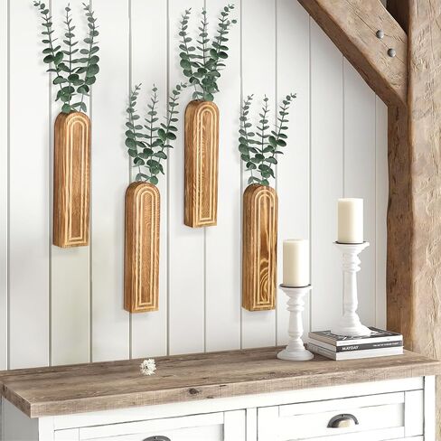 4Pack Wall Decor Wood Wall Planters for Indoor Plants, Wood Wall Decor for Bathroom, Living Room, Bedroom, Modern Farmhouse Wall Decor Wood Vase for Decor Dried Flowers and Faux Greenery(Rustic Brown) in Saudi Arabia
