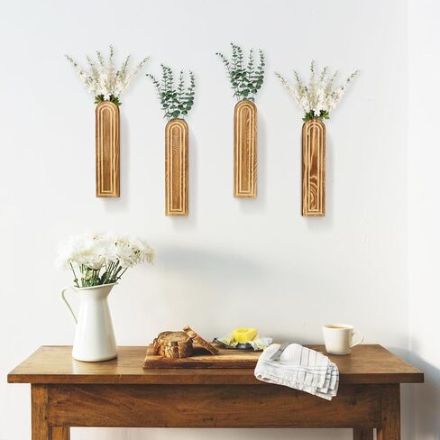 4Pack Wall Decor Wood Wall Planters for Indoor Plants, Wood Wall Decor for Bathroom, Living Room, Bedroom, Modern Farmhouse Wall Decor Wood Vase for Decor Dried Flowers and Faux Greenery(Rustic Brown) in Saudi Arabia